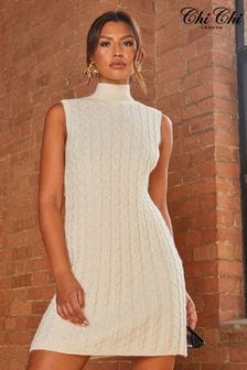 Chi Chi London Cream All Over Knitted Cable High Neck Mini Dress (M89328) | €83