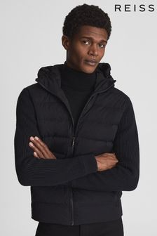 Reiss Black Denman Quilted Knitted Hybrid Hooded Jacket (M89626) | 2,043 QAR