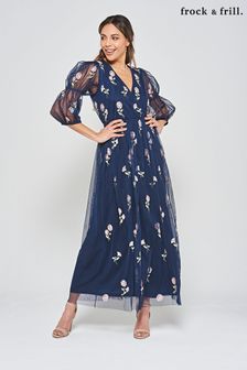 Frock and Frill Blue Embroidered Maxi Dress (M89689) | €103