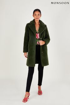 Monsoon Tabitha Einreihiger Mantel aus Teddyfell, Grün (M90109) | 92 €