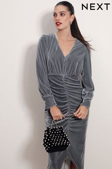 Blue/Grey Velvet Midi Dress (M90145) | 124 zł