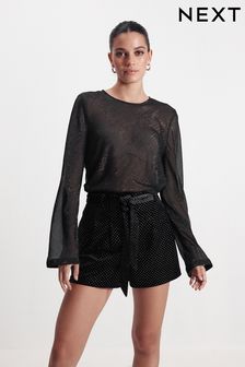 Black Velvet Embellished Belted Shorts (M91528) | $58