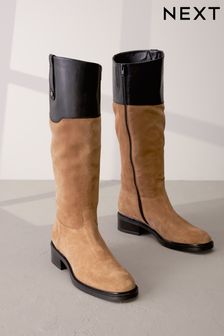 Tan & Black Signature Leather Panelled Rider Knee High Boots (M91685) | ₪ 450