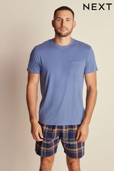 Niebiesko-granatowa kratka - Lekka krótka piżama (M91785) | 145 zł