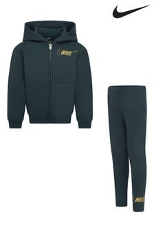 Zielony/Złoty - Zestaw Nike dla małych dzieci: bluza z kapturem i legginsy z połyskującym logo (M91957) | 285 zł