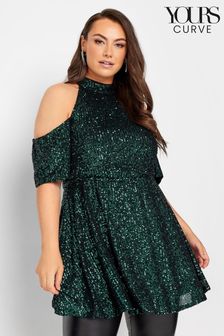 Yours Curve Green London Sequin Choker Cold Shoulder Top (M92024) | €30