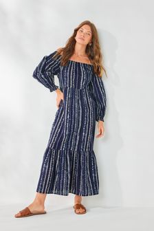 Темно-синий - Летнее платье с длинным рукавом и открытыми плечами (M92445) | €21