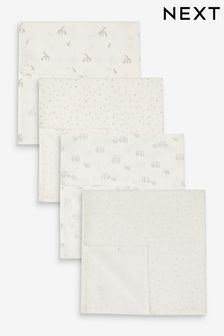 Biały ze zwierzęcym wzorem - Zestaw 4 kwadratowych pieluszek muślinowych (M93252) | 60 zł