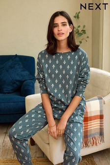 Blue Foil Leaves Cotton Long Sleeve Pyjamas (M93331) | 36 €