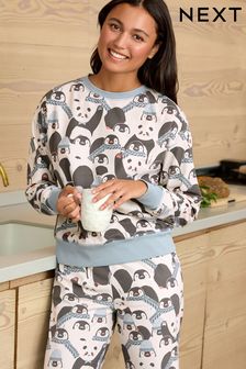 Kremowy ecru z motywem pingwina - Bardzo miękka i ciepła piżama (M93335) | 115 zł