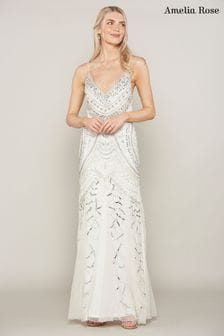 Amelia Rose White Deep-V Embellished Maxi Dress (M93543) | ₪ 768