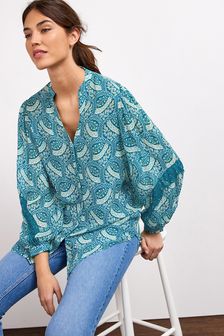 Teal Blue and Pink Paisley Longline Button Front Top (M93578) | ₪ 99