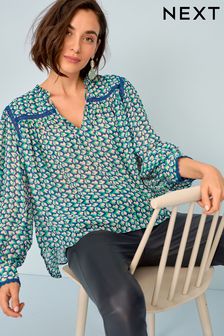 Blue Heart Print Lace Insert Blouse (M93584) | €24.50