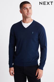 Navy Blue With Stag Embroidery V-Neck Cotton Rich Jumper (M94611) | kr278