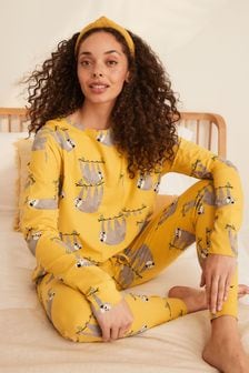 Żółty z leniwcem - Bawełniana piżama z długim rękawem (M95407) | 132 zł