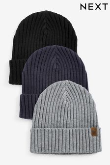 Navy Blue/Grey 3 Pack Knitted Ribbed Beanie Hats (1-16yrs) (M95479) | OMR4 - OMR8