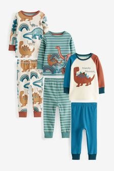  (M95632) | €36 - €44 Teal Blue/White Dino - Set van 3 behaaglijke pyjama's (9 mnd-12 jr)