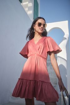 Pink Satin Wrap Mini Tier Dress (M95873) | $73