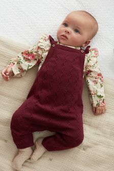 Berry Red Knitted Supersoft Baby Dungarees With Floral Printed Collared Bodysuit (0mths-2yrs) (M95994) | €30 - €33