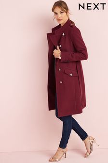 Berry Red Funnel Neck Belted Button Front Wrap Coat (M96129) | AED247