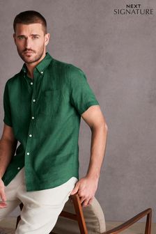 Green Standard Collar Signature 100% Linen Short Sleeve Shirt (M96373) | 180 SAR