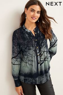 Scenic Print Long Sleeve Detail Button-Up Blouse (M96480) | OMR15