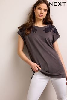 Charcoal Grey Short Sleeve Embroidered Tunic Top (M96530) | TRY 456
