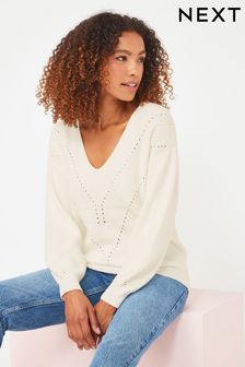 Ecru, Weiß - Gerippter Pullover mit V-Ausschnitt (M96675) | 34 €