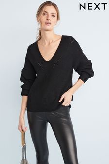 Schwarz - Gerippter Pullover mit V-Ausschnitt (M96682) | 36 €