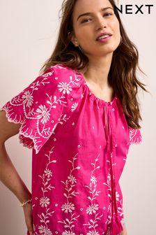 Pink Embroidered Short Sleeve Woven Mix Kaftan Top (M96757) | 19 €