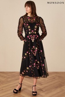 Monsoon Marcia Black Embroidered Midi Dress (M96795) | €191
