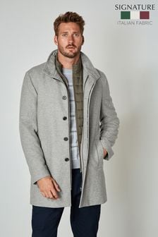 Light Grey Signature Italian Wool Rich Funnel Neck Coat With Removable Gilet (M96893) | kr1,550