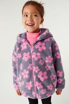 Grey/Pink Floral Teddy Borg Fleece Zip Hoodie Jacket (3-16yrs) (M97001) | €28 - €35