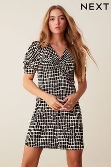 Black/White Print Ruched V-Neck Short Sleeve Midi Tea Dress (M97019) | $42