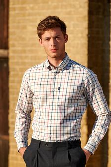 Ecru Neutral/Red Check Regular Fit Single Cuff Easy Iron Button Down Oxford Shirt (M97028) | 28 €