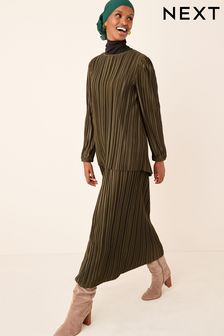 Khaki Green Satin Plissé Layered Longline Dress (M97469) | $109