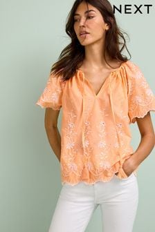 Mango Orange Embroidered Short Sleeve Woven Mix Kaftan Top (M97608) | 19 €