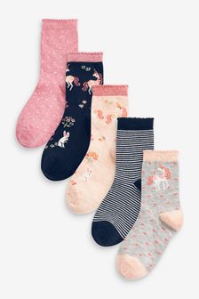 Pink/Navy Blue 5 Pack Cotton Rich Unicorn Ankle Socks (M97751) | €9 - €10.50