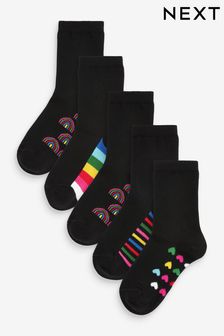 Black Rainbow 5 Pack Cotton Rich Footbed Ankle School Socks (M97754) | 3,900 Ft - 4,420 Ft