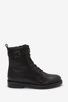 Black Extra Wide Fit Forever Comfort® Leather Lace-Up Ankle Boots With Buckle (M97805) | 86 €