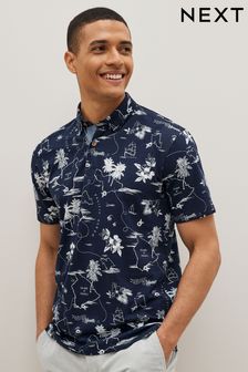 Navy Blue Hawaii Print Polo Shirt (M98453) | 80 zł