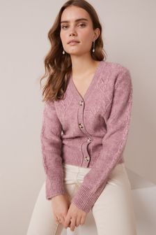 Blush Pink Soft Touch Knitted Twig And Cable Pattern Cardigan (M99013) | CA$72