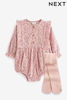  (M99555) | HK$157 - HK$175 粉色 - 嬰兒梭織花朵圖案連身褲和襪褲套裝 (0個月至3歲)