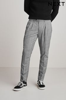 Czarny/szary - Modne plisy - Eleganckie spodnie w kratkę (M99936) | 61 zł