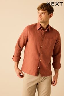 Brown Linen Blend Long Sleeve Shirt (N00178) | $45