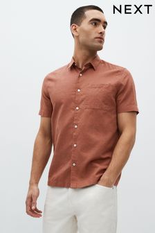Brown Standard Collar Linen Blend Short Sleeve Shirt (N00179) | $43