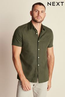 Dark Green Standard Collar Linen Blend Short Sleeve Shirt (N00182) | $42