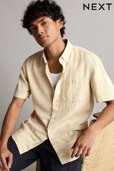 Natural Standard Collar Linen Blend Short Sleeve Shirt (N00183) | €37