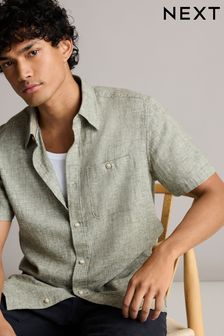 Green Standard Collar Linen Blend Short Sleeve Shirt (N00185) | $39