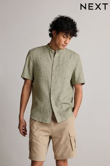Green Grandad Collar Linen Blend Short Sleeve Shirt (N00190) | kr309